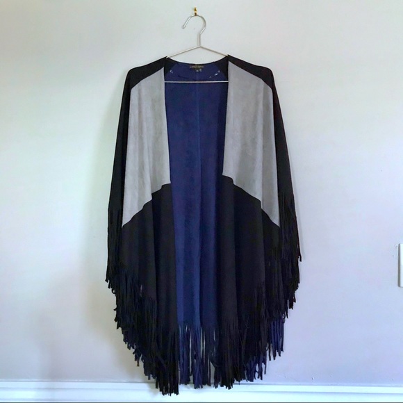 Alberto Makali NWOT Color Block Boho Vegan Suede Fringe Cape - Picture 2 of 6
